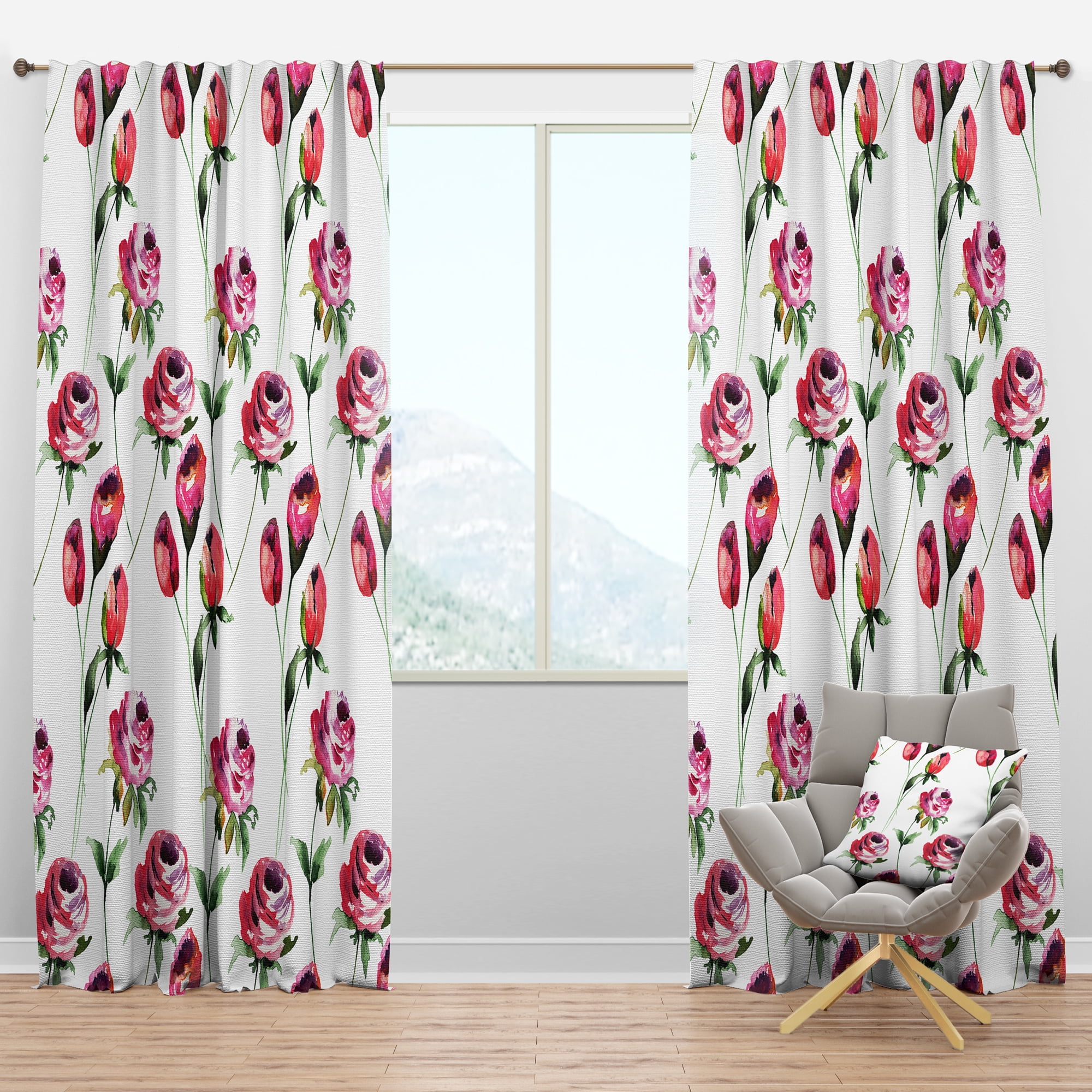 Designart 'Roses Flowers Pattern On White' Mid-Century Modern Blackout Curtain Panel