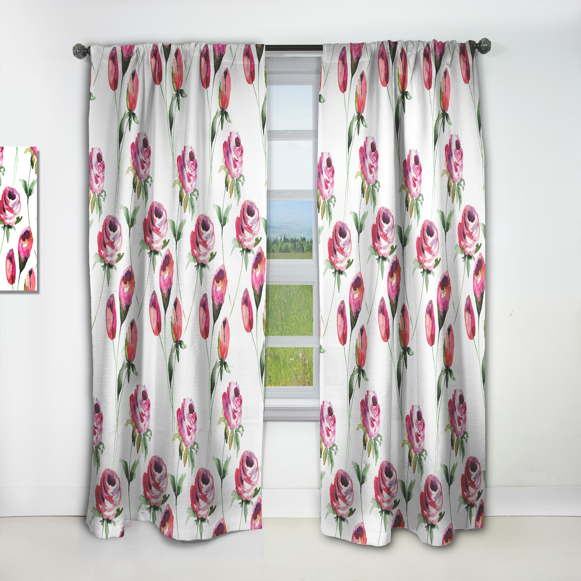 Designart 'Roses Flowers Pattern On White' Mid-Century Modern Curtain Panel