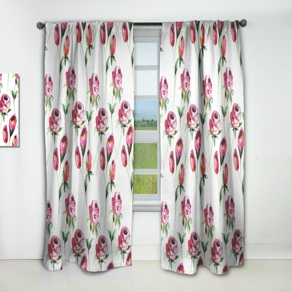 Designart 'Roses Flowers Pattern On White' Mid-Century Modern Curtain Panel