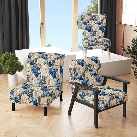 Designart "Roses Of Cobalt Blue Renaissance VI" Blue Rose Pattern Upholstered Accent Chair - Cottage Arm Chair For Living Room