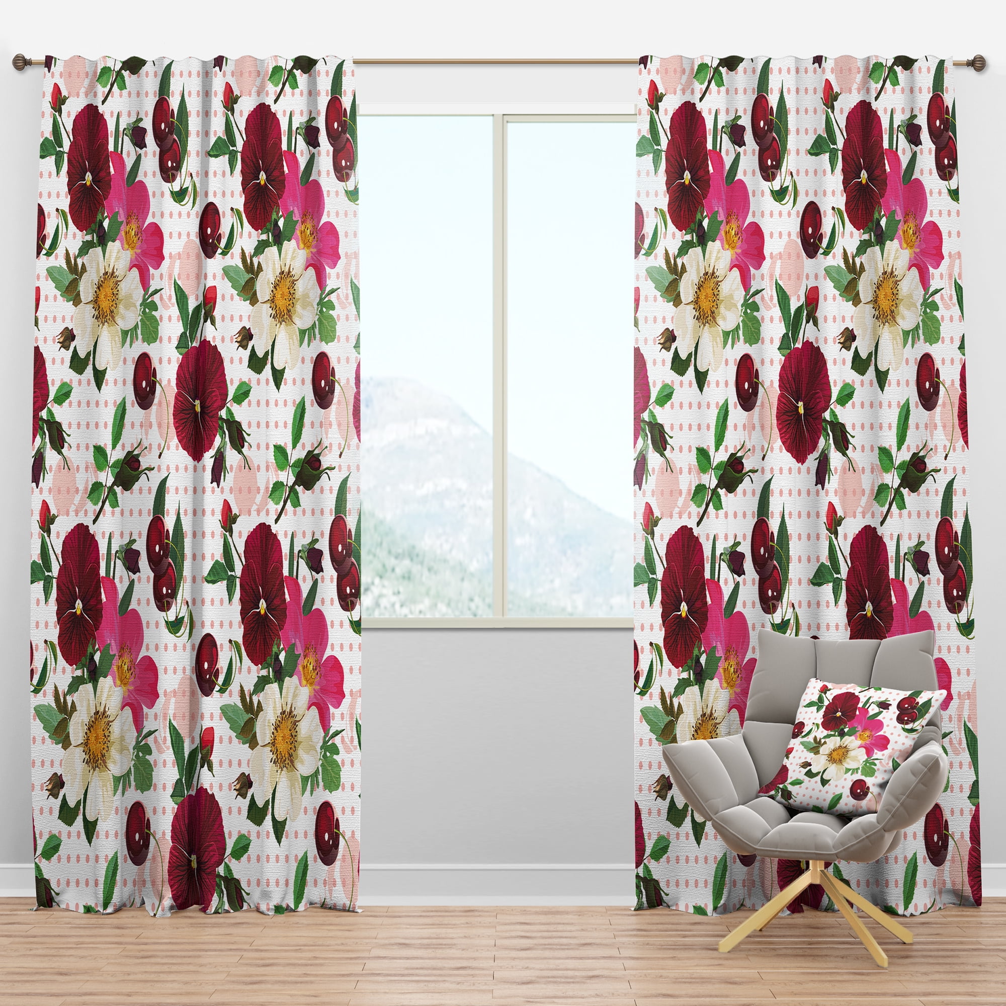 Designart 'Roses Pansies and Cherries On Pink Dotted' Abstract Blackout Curtain Panel