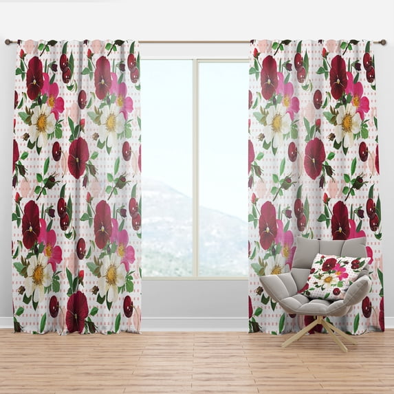 Designart 'Roses Pansies and Cherries On Pink Dotted' Abstract Curtain Panel