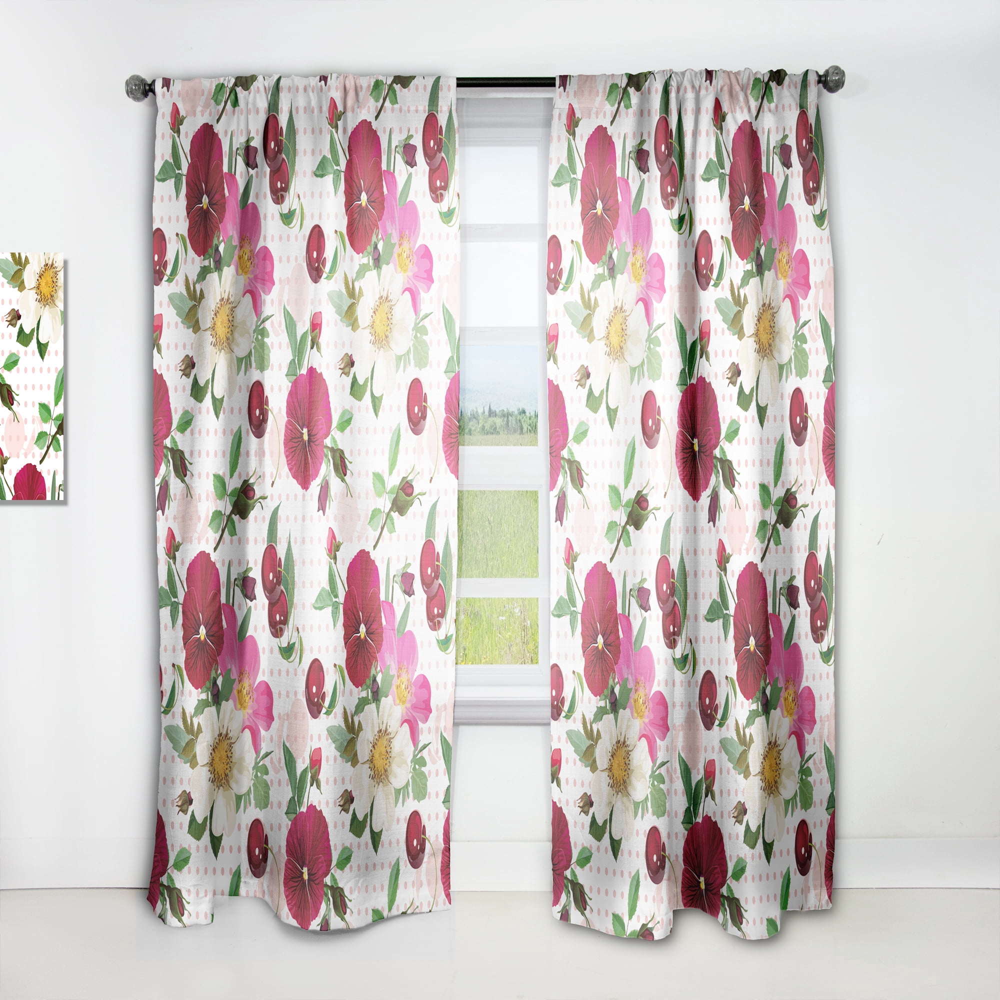Designart 'Roses Pansies and Cherries On Pink Dotted' Abstract Curtain Panel