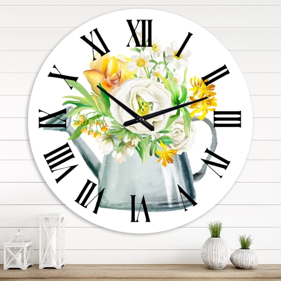 Designart 'Roses Peonies & Marigolds In Garden Watering Can' Farmhouse Wall Clock