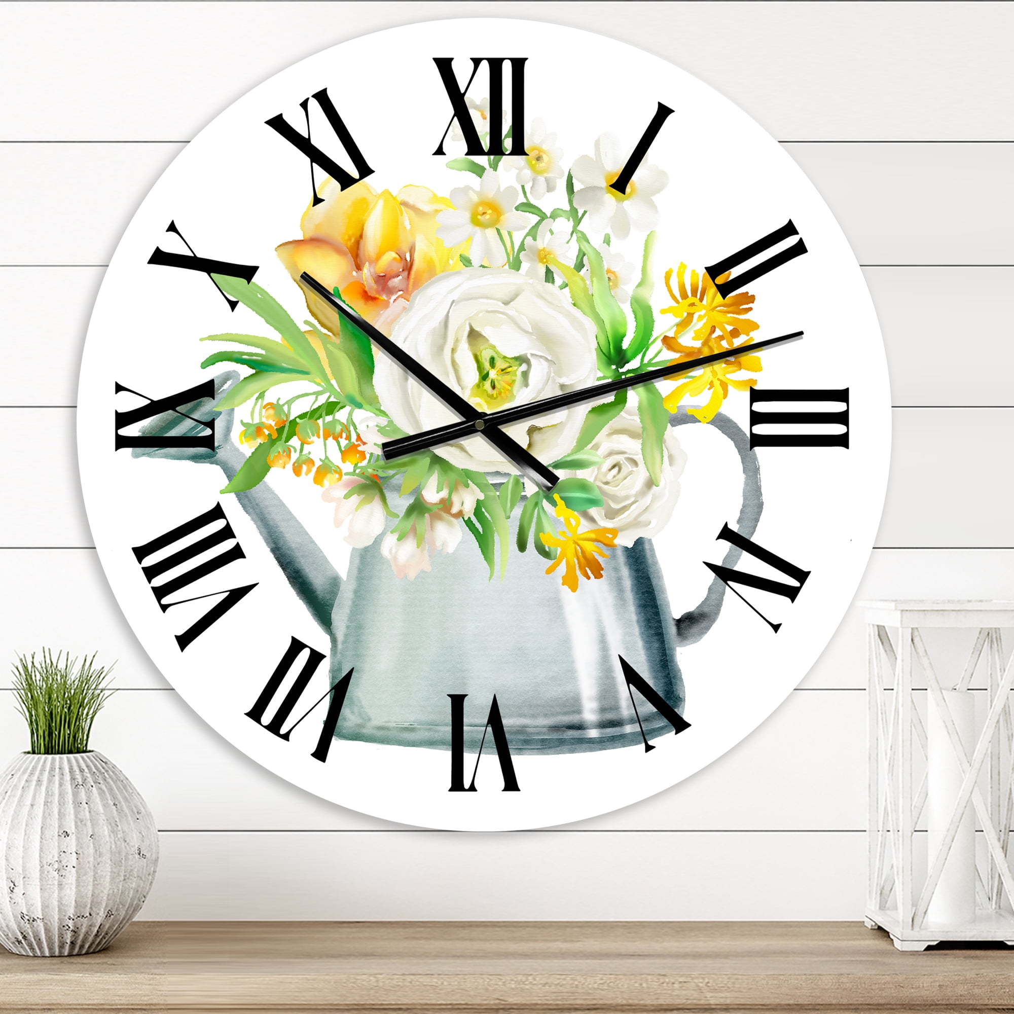 Designart 'Roses Peonies & Marigolds In Garden Watering Can' Farmhouse Wall Clock