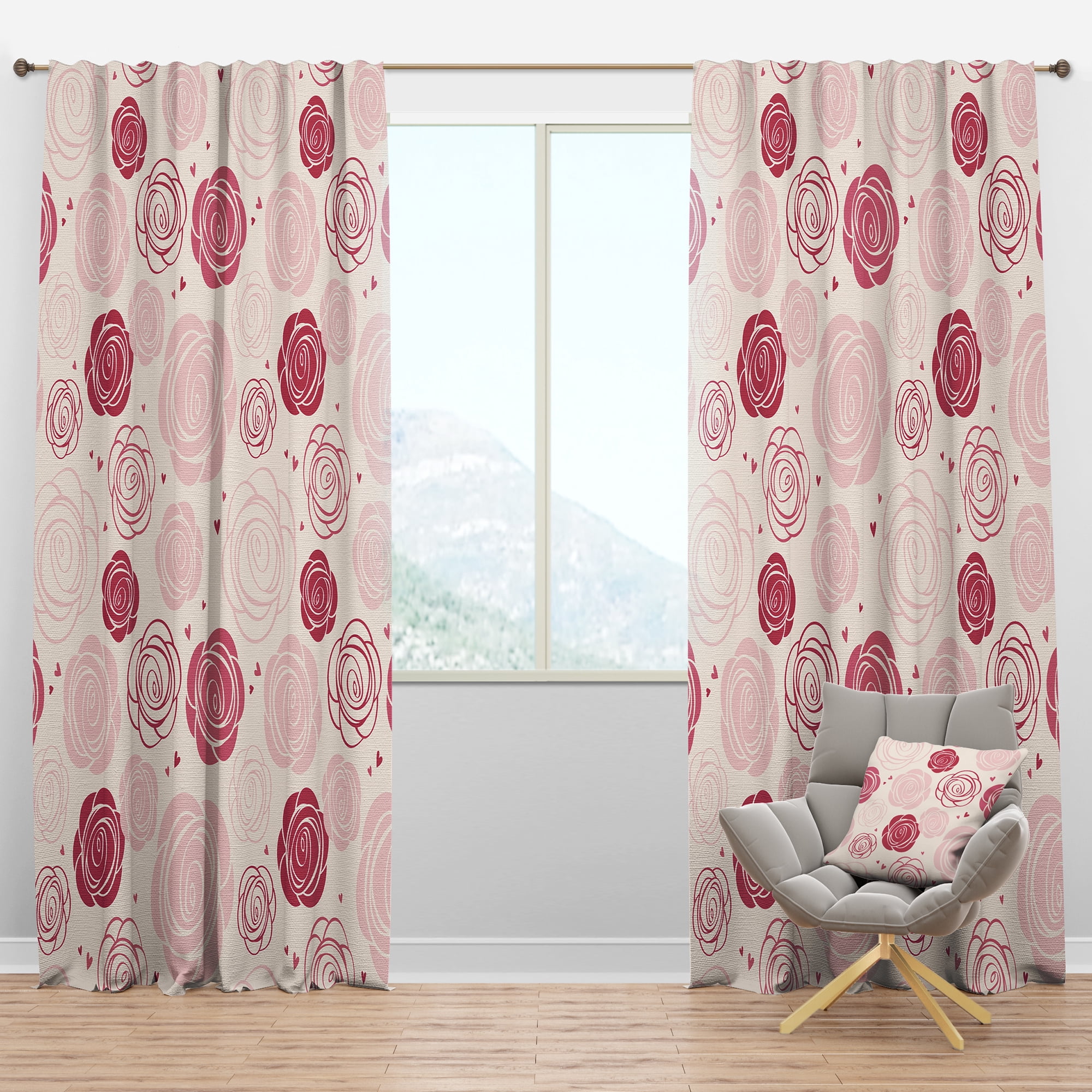 Designart 'Roses Retro Pattern' Mid-Century Modern Blackout Curtain Panel