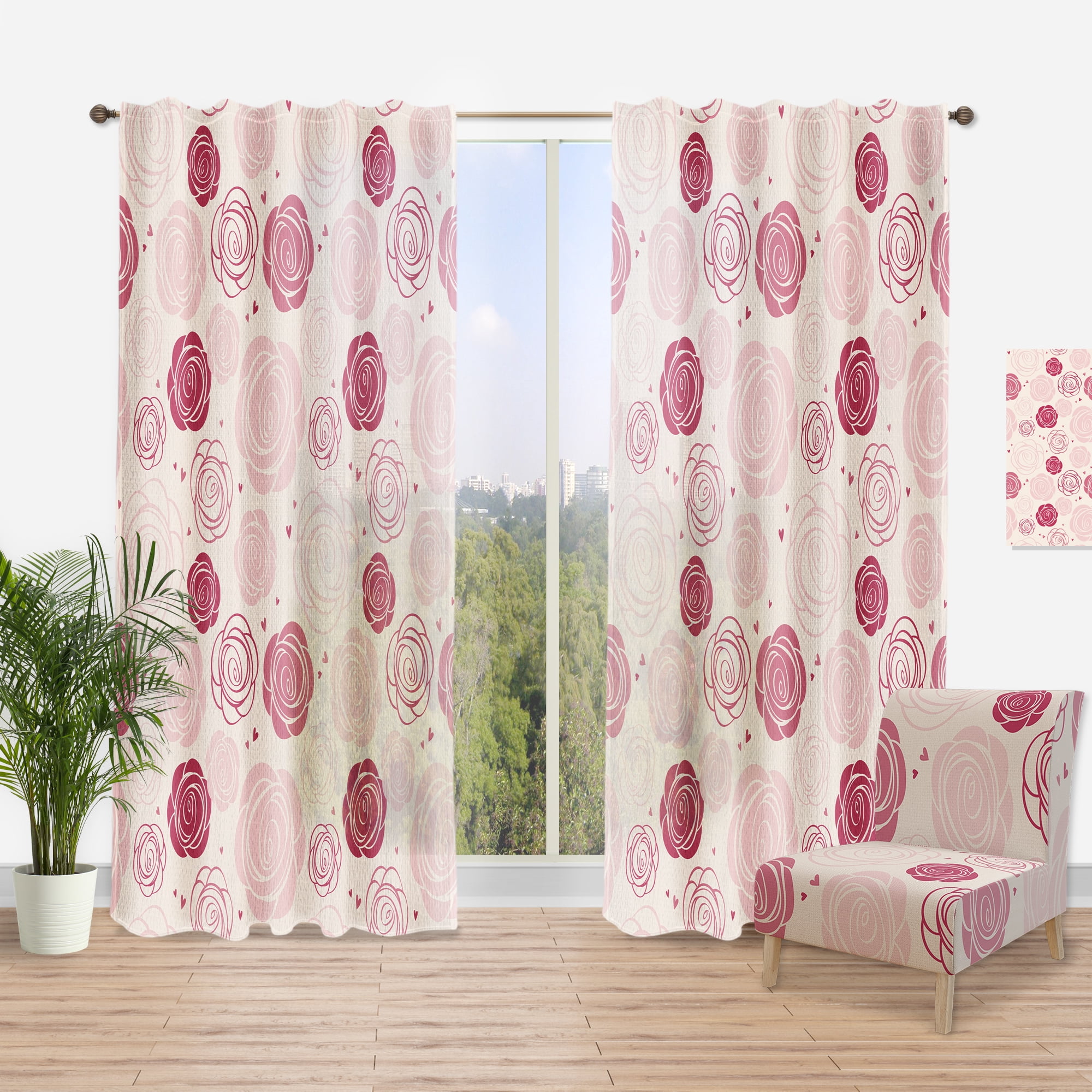 Designart 'Roses Retro Pattern' Mid-Century Modern Curtain Panel