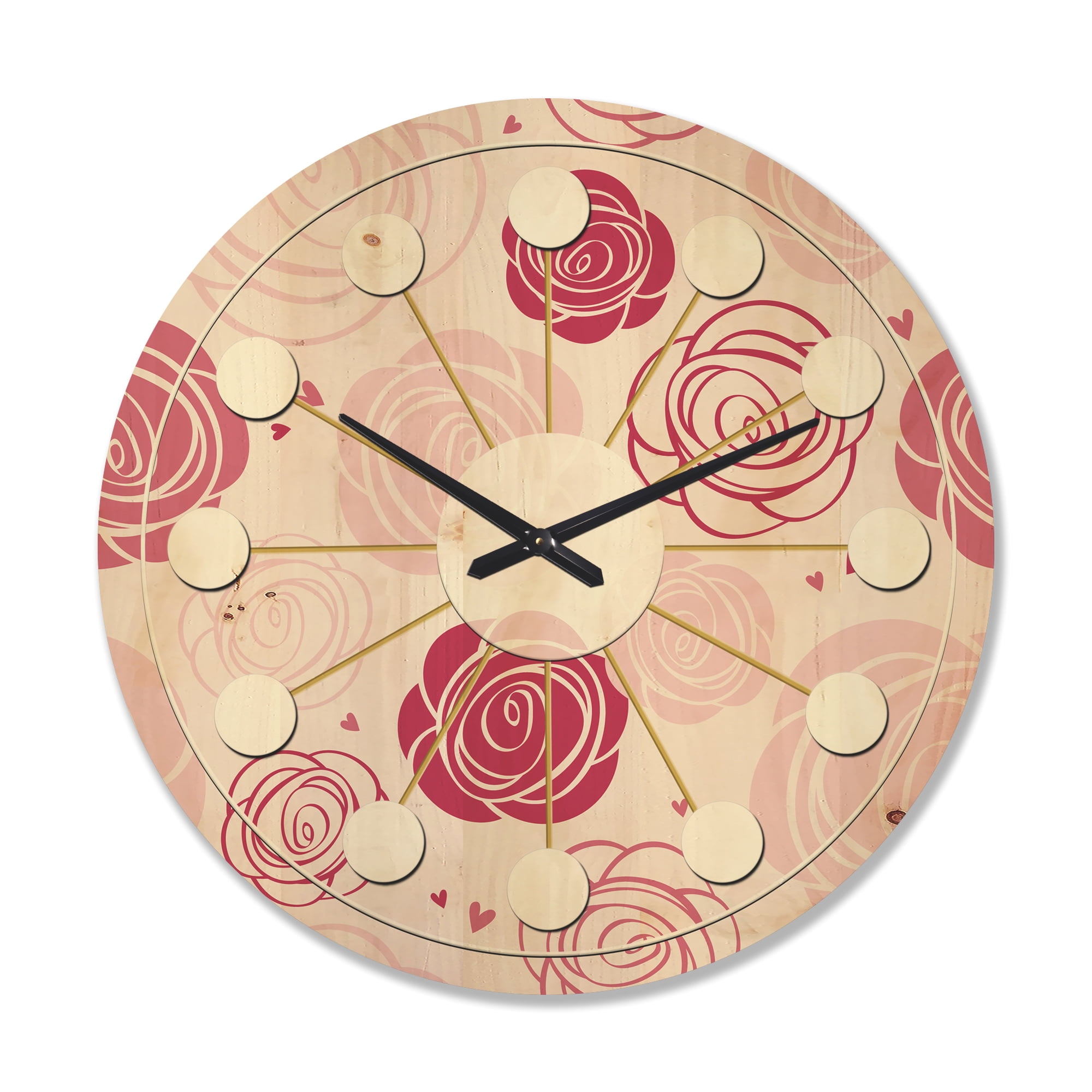 Designart 'Roses Retro Pattern' Mid-Century Modern Wood Wall Clock