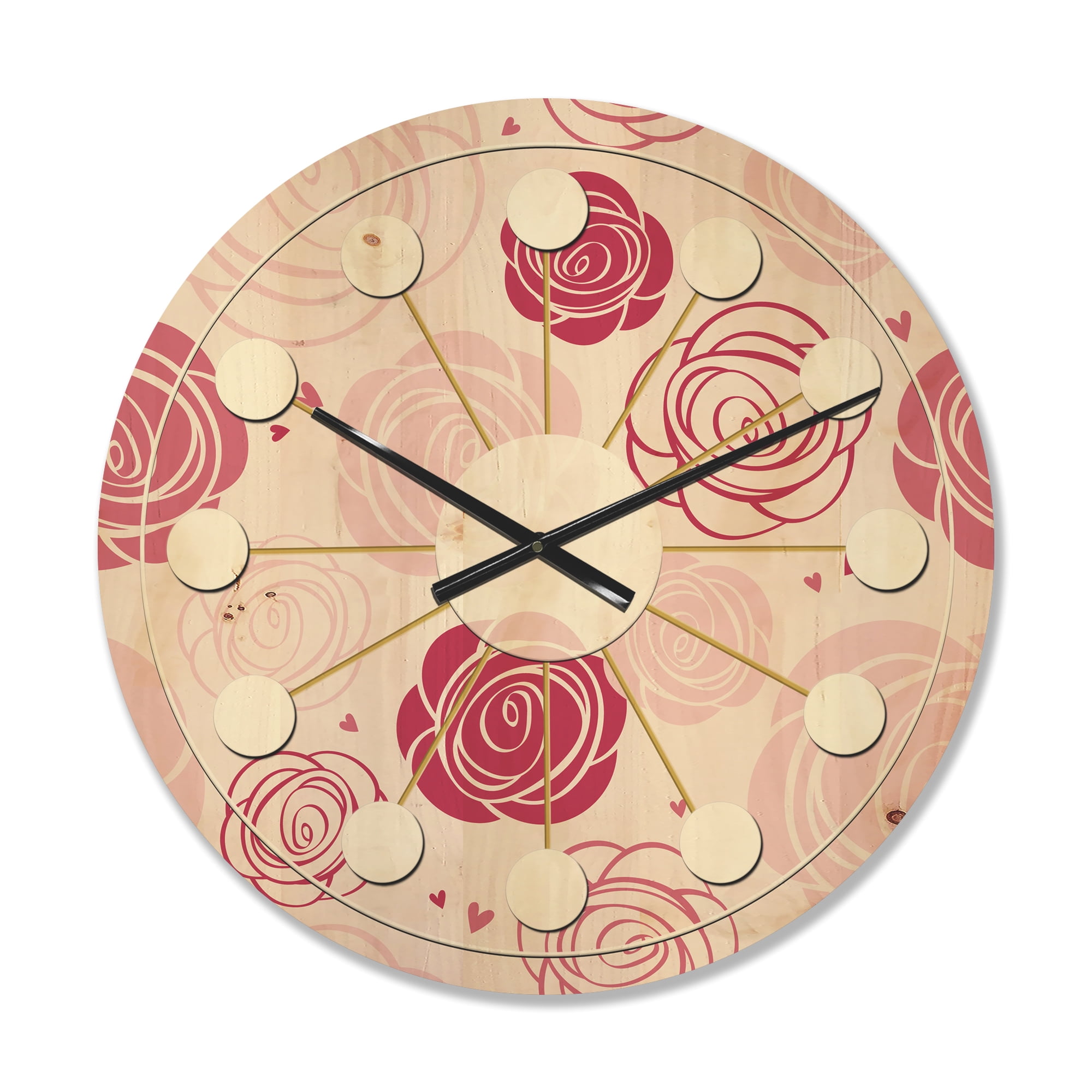 Designart 'Roses Retro Pattern' Mid-Century Modern Wood Wall Clock