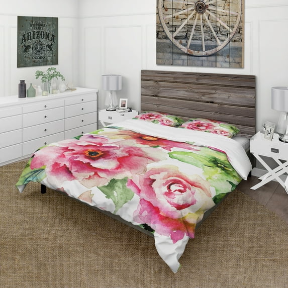 Designart 'Roses and Gerber Flowers Watercolor' Country Duvet Cover Set