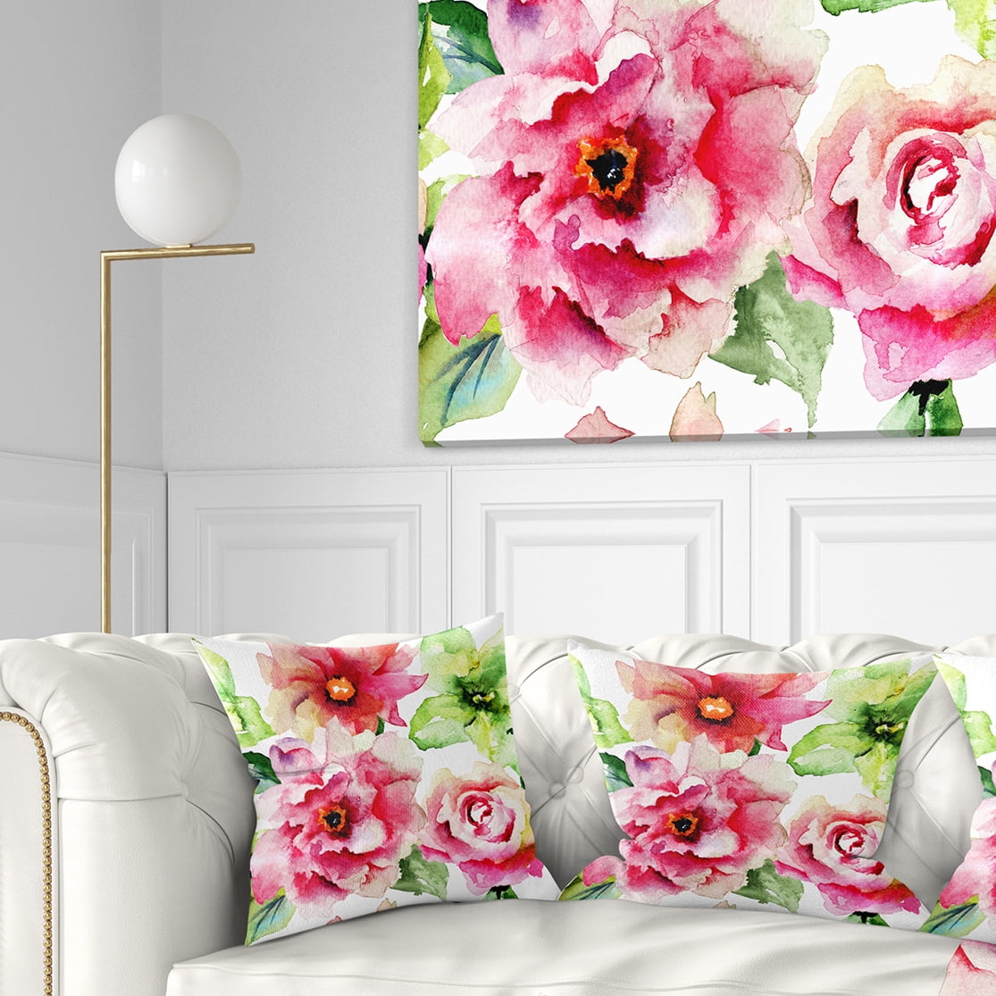 Designart Roses and Gerber Flowers Watercolor - Floral Throw Pillow - 16x16