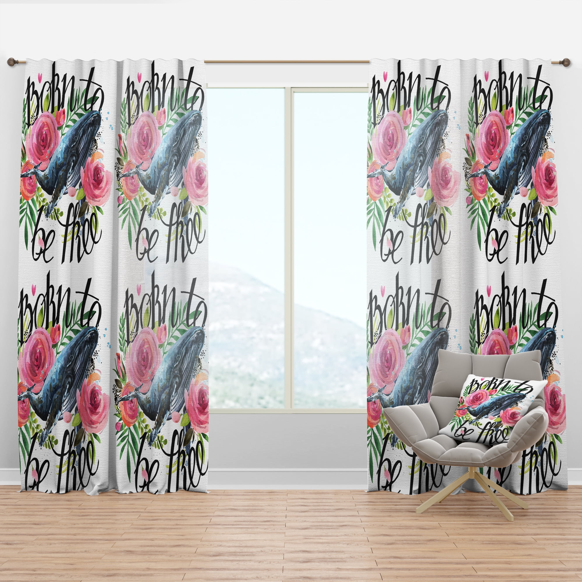 Designart 'Roses and Whale' Floral Curtain Panel