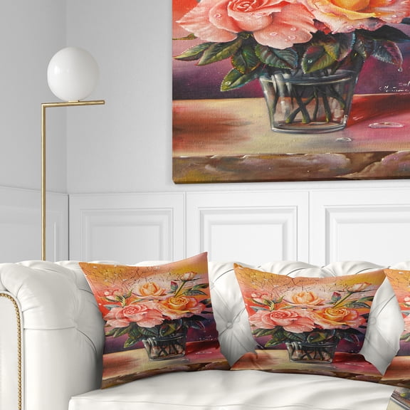 Designart Roses on Marble Table - Floral Throw Pillow - 16x16