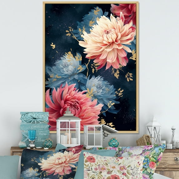 Designart "Rosy And Azure Chrysanthemum Concert" Chrysanthemums Floater Framed Wall Art Living Room