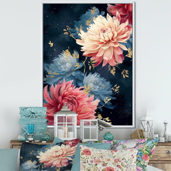 Designart "Rosy And Azure Chrysanthemum Concert" Chrysanthemums Floater Framed Wall Art Living Room