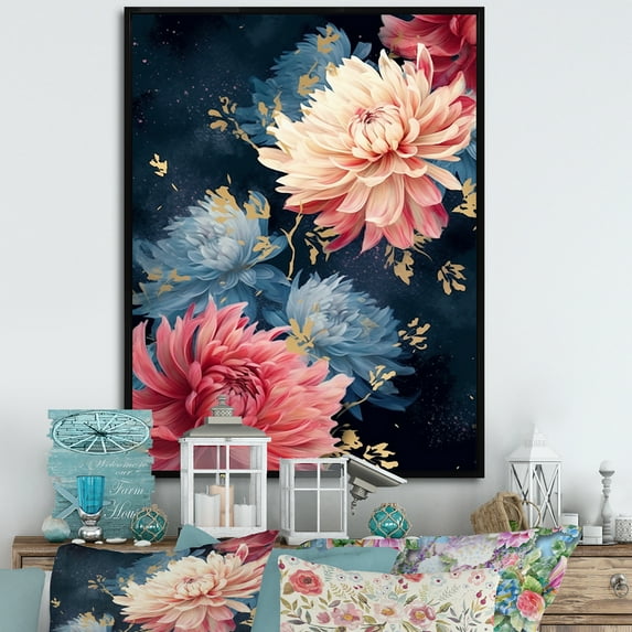Designart "Rosy And Azure Chrysanthemum Concert" Chrysanthemums Floater Framed Wall Art Living Room