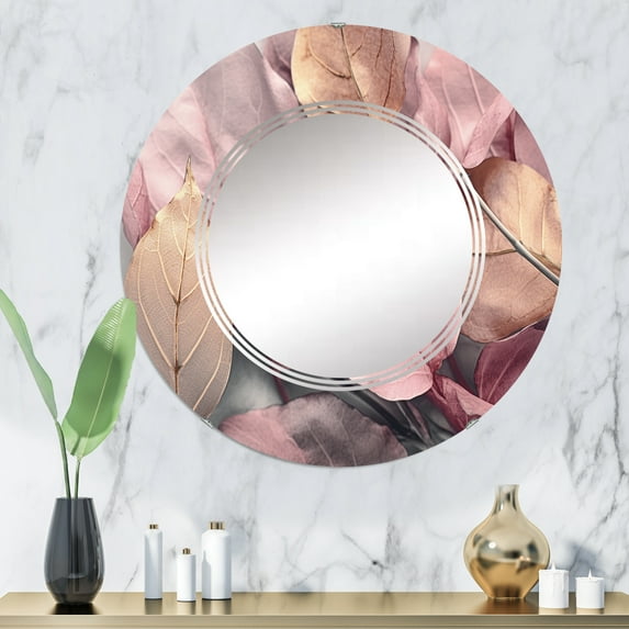 Designart "Rosy Gilded Foliage Blend II" Floral Round Wall Mirror - Traditional Oval Printed Decorative Oversized Mirror - Multiple Color Options