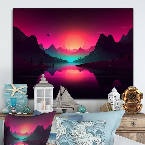 Designart "Rosy Nebular Wonderland II" Modern Landscape Beach Metal Wall Art Prints