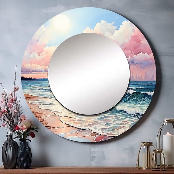 Designart "Rosy Shoreline Whispers" Beach & Ocean Rund Mirror For Wall Decor - Large Pink Round Print Mirror - Round Coastal Mirror 29" x 29" Inch - Wall Mounted Round Large Mirror