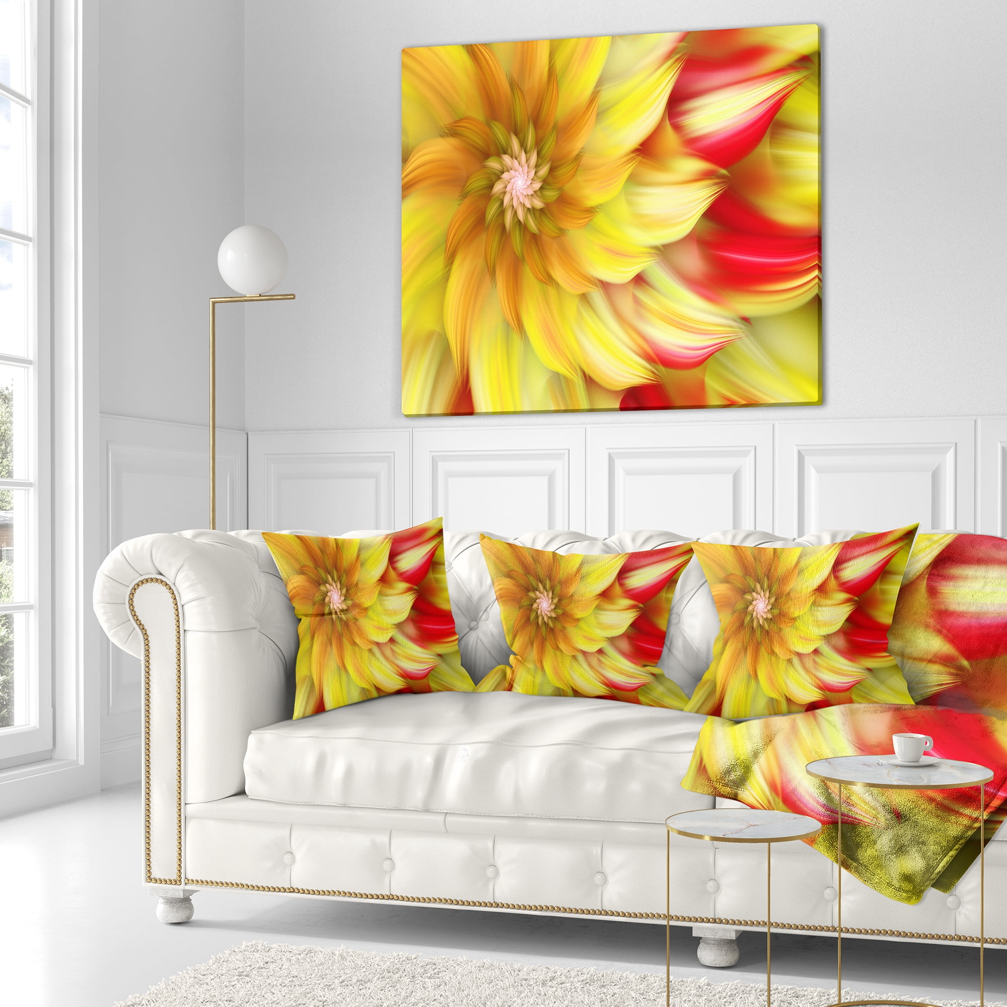 Designart Rotating Yellow Red Fractal Flower - Floral Throw Pillow - 18x18