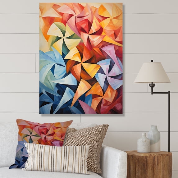 Designart "Rotation of Abstract Wind Turbines II" Architecture Canvas Wall Art - Industrial Colorful Wind Turbines Living Room Canvas Art