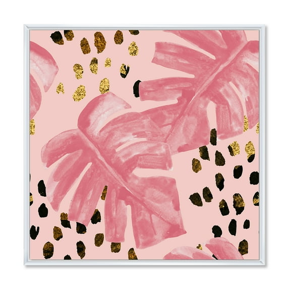 Designart 'Rough Brush Strokes Pink Colored Monstera I' Tropical Framed Canvas Wall Art Print