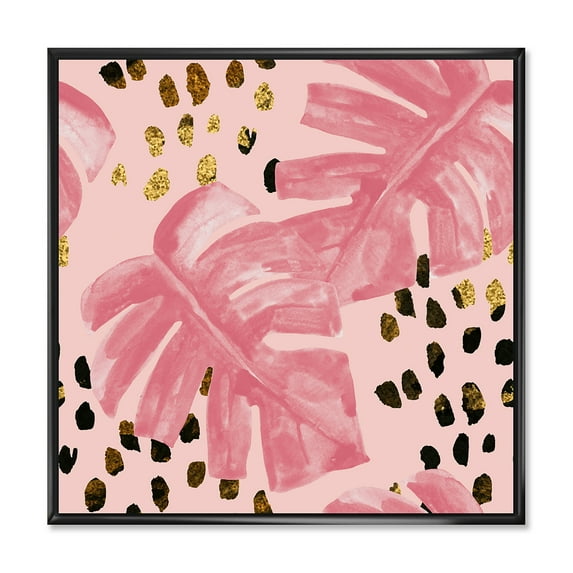Designart 'Rough Brush Strokes Pink Colored Monstera I' Tropical Framed Canvas Wall Art Print