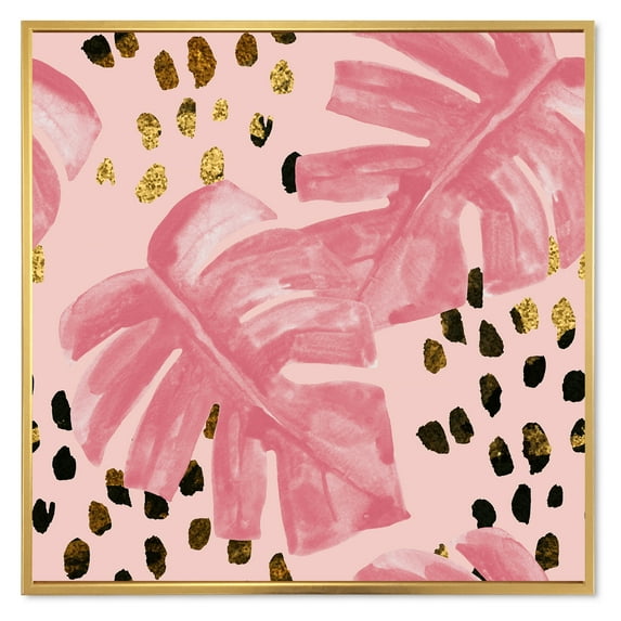 Designart 'Rough Brush Strokes Pink Colored Monstera I' Tropical Framed Canvas Wall Art Print