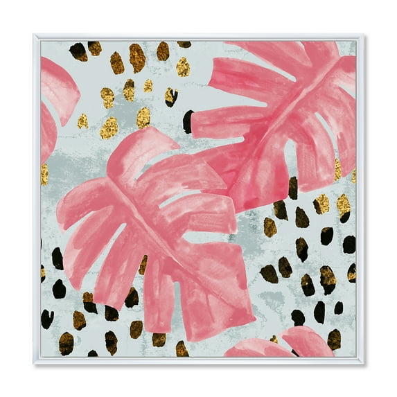Designart 'Rough Brush Strokes Pink Colored Monstera II' Tropical Framed Canvas Wall Art Print