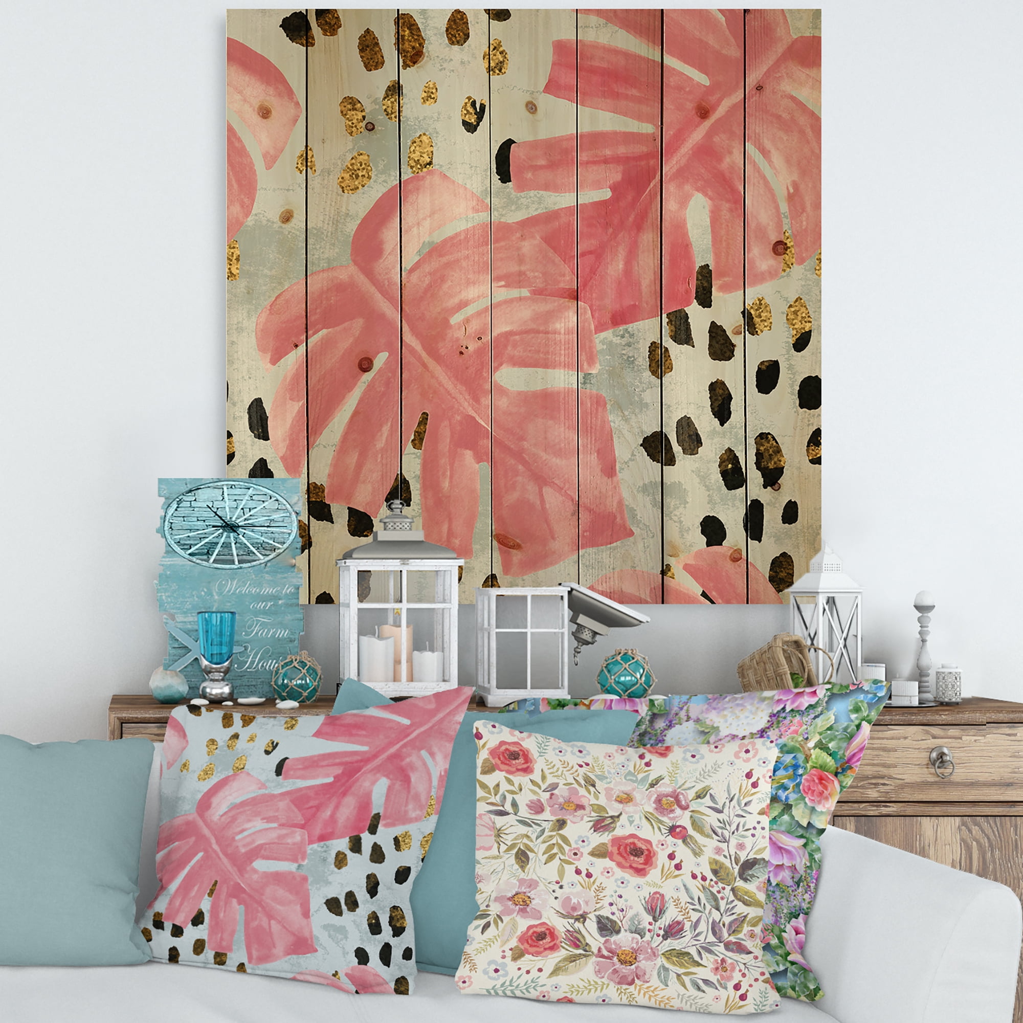 Designart 'Rough Brush Strokes Pink Colored Monstera II' Tropical Print on Natural Pine Wood
