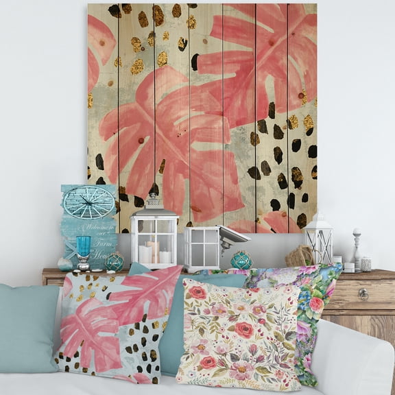 Designart 'Rough Brush Strokes Pink Colored Monstera II' Tropical Print on Natural Pine Wood