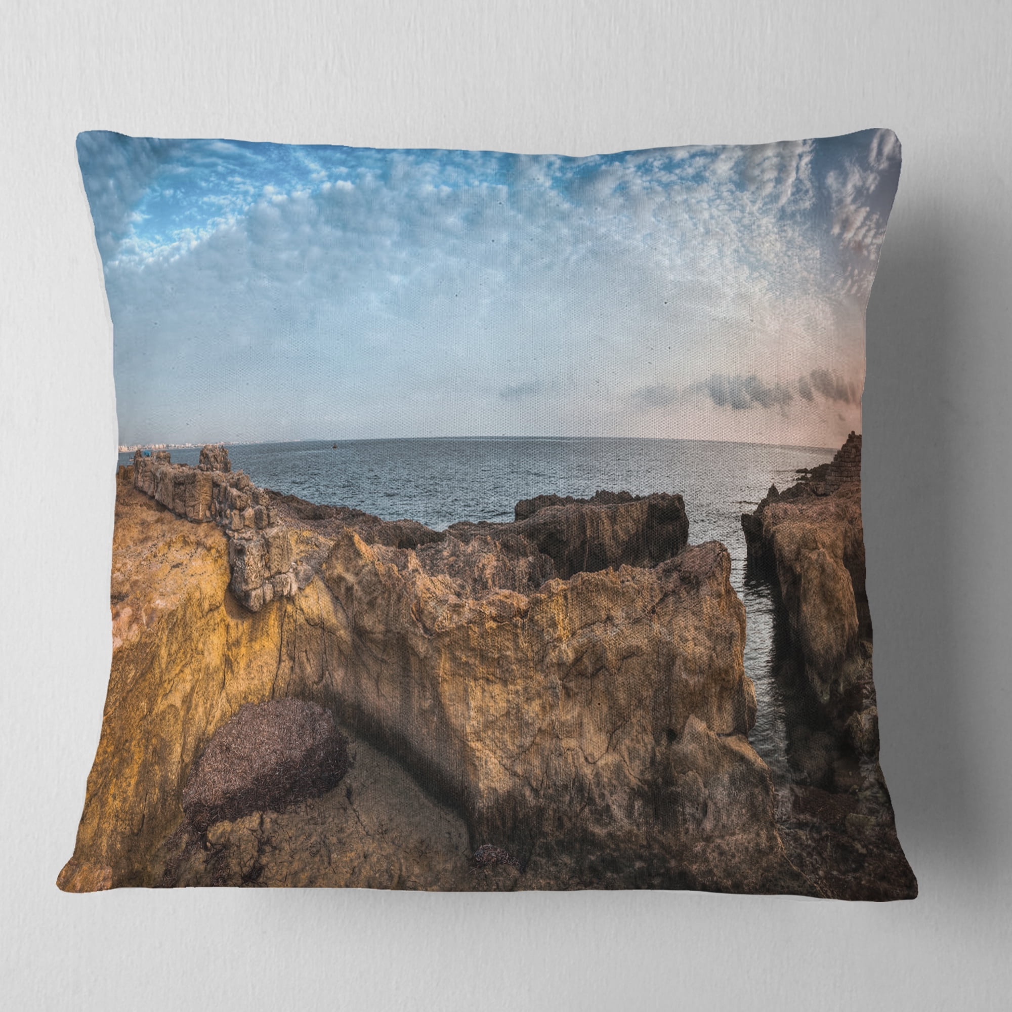 Designart Rough Rocky Coast under Blue Sky - Oversized Beach Throw Pillow - 16x16