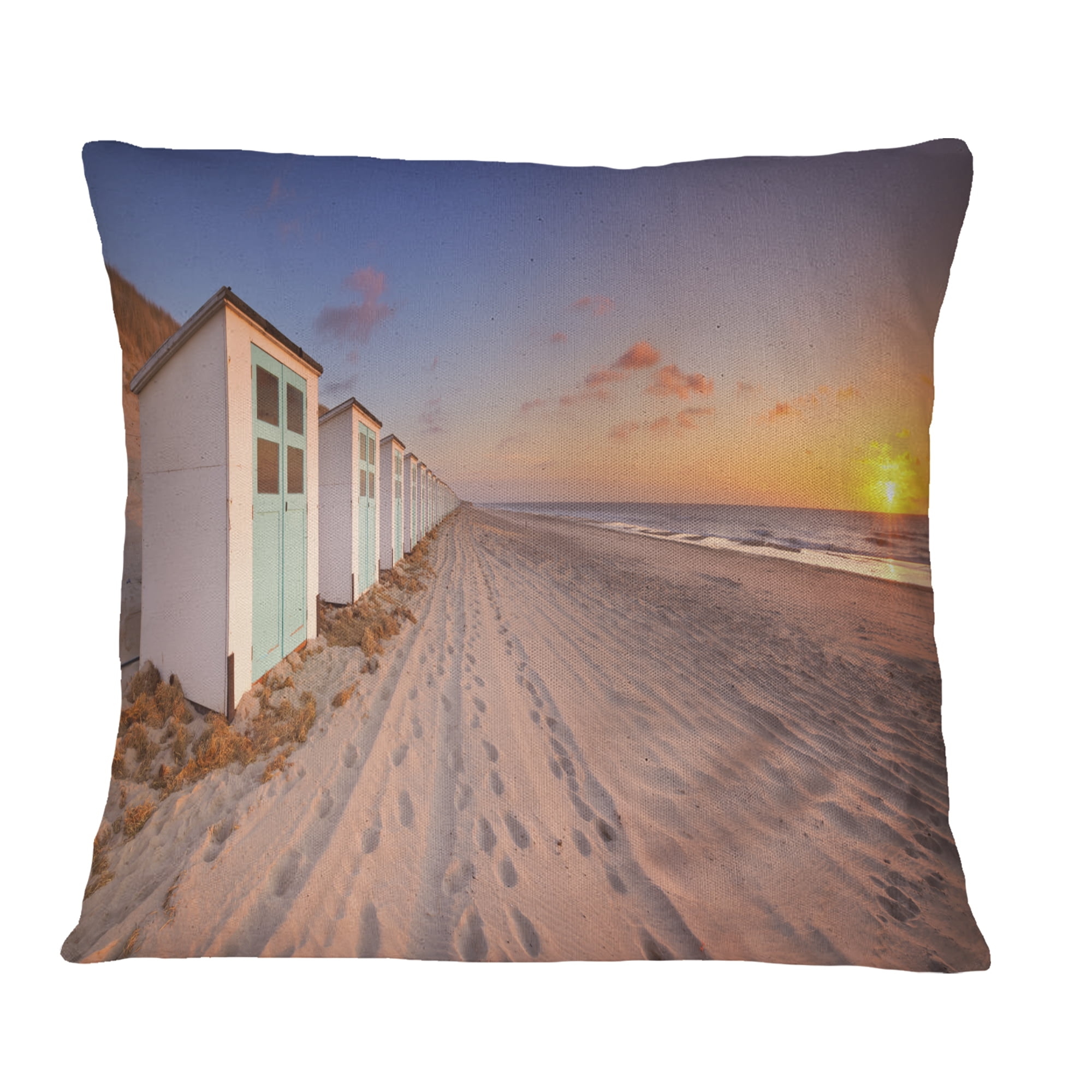 Designart Row of Beach Huts at Sunset - Modern Landscape Printed Throw Pillow - 16x16