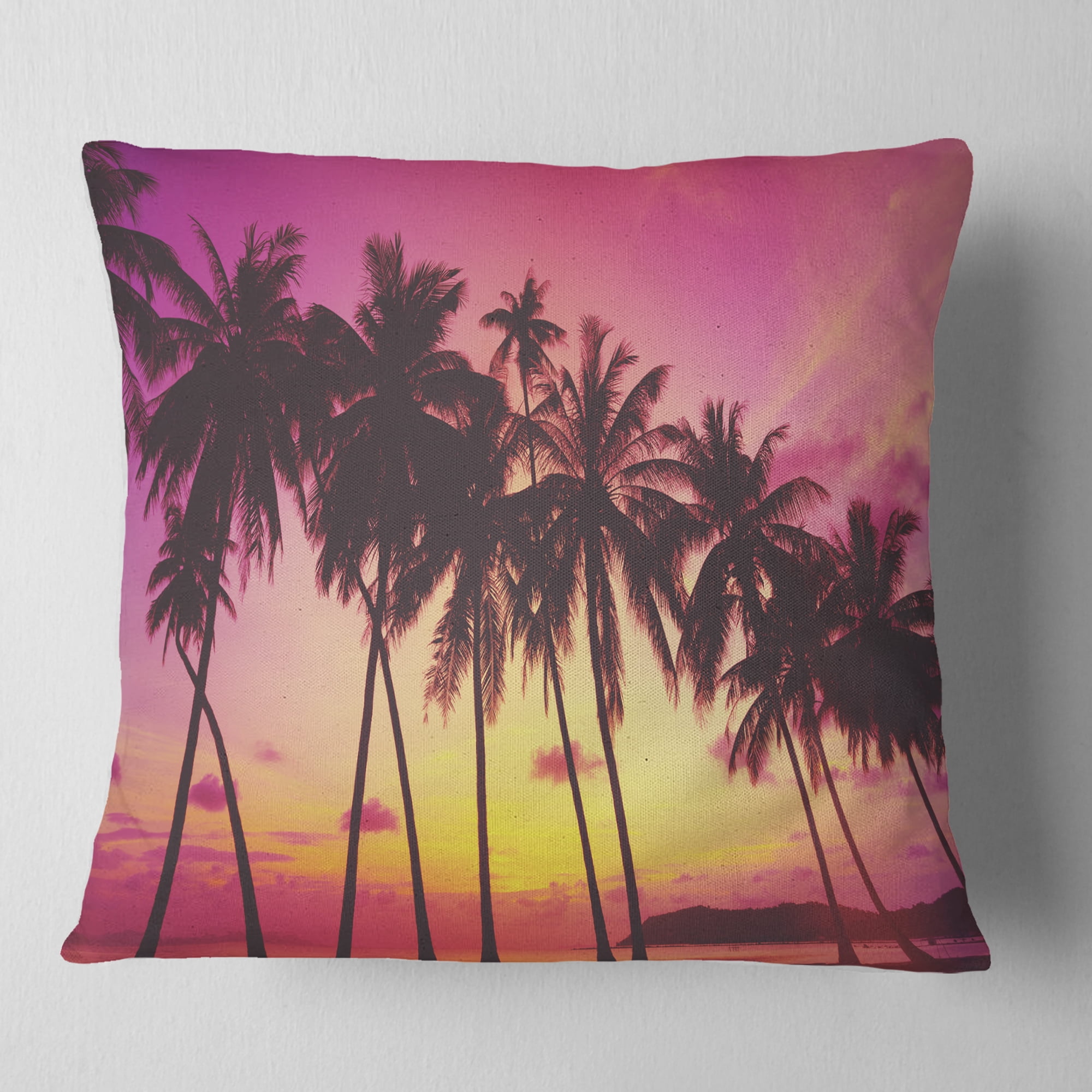 Designart Row of Beautiful Palms under Magenta Sky - Landscape Printed Throw Pillow - 18x18