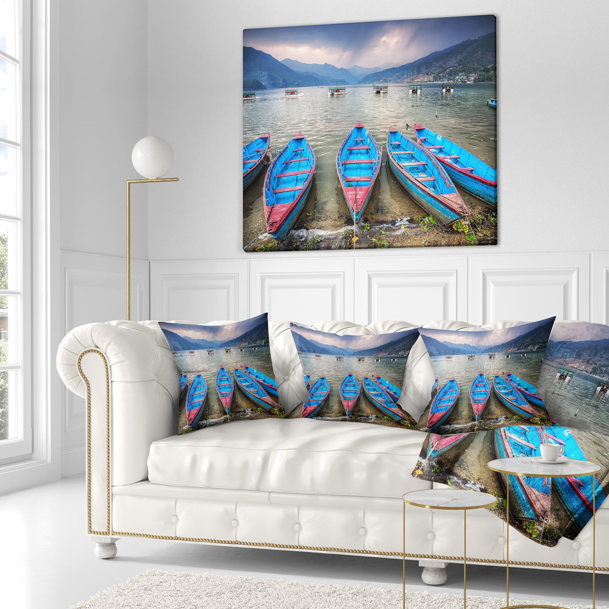 Designart Row of Blue Boats in Pokhara Lake - Boat Throw Pillow - 18x18