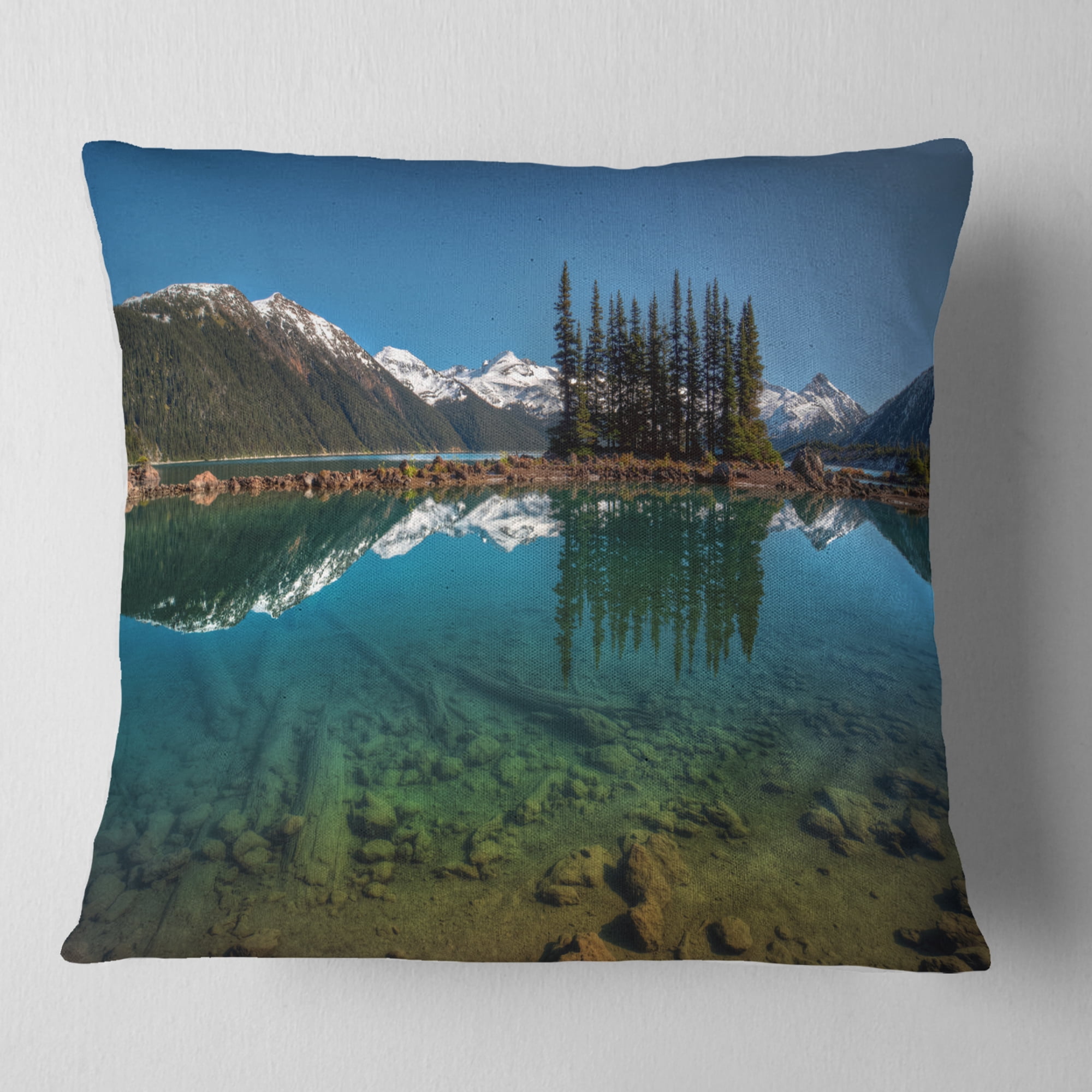 Designart Row of Pine Trees and Mountain Lake - Landscape Printed Throw Pillow - 16x16