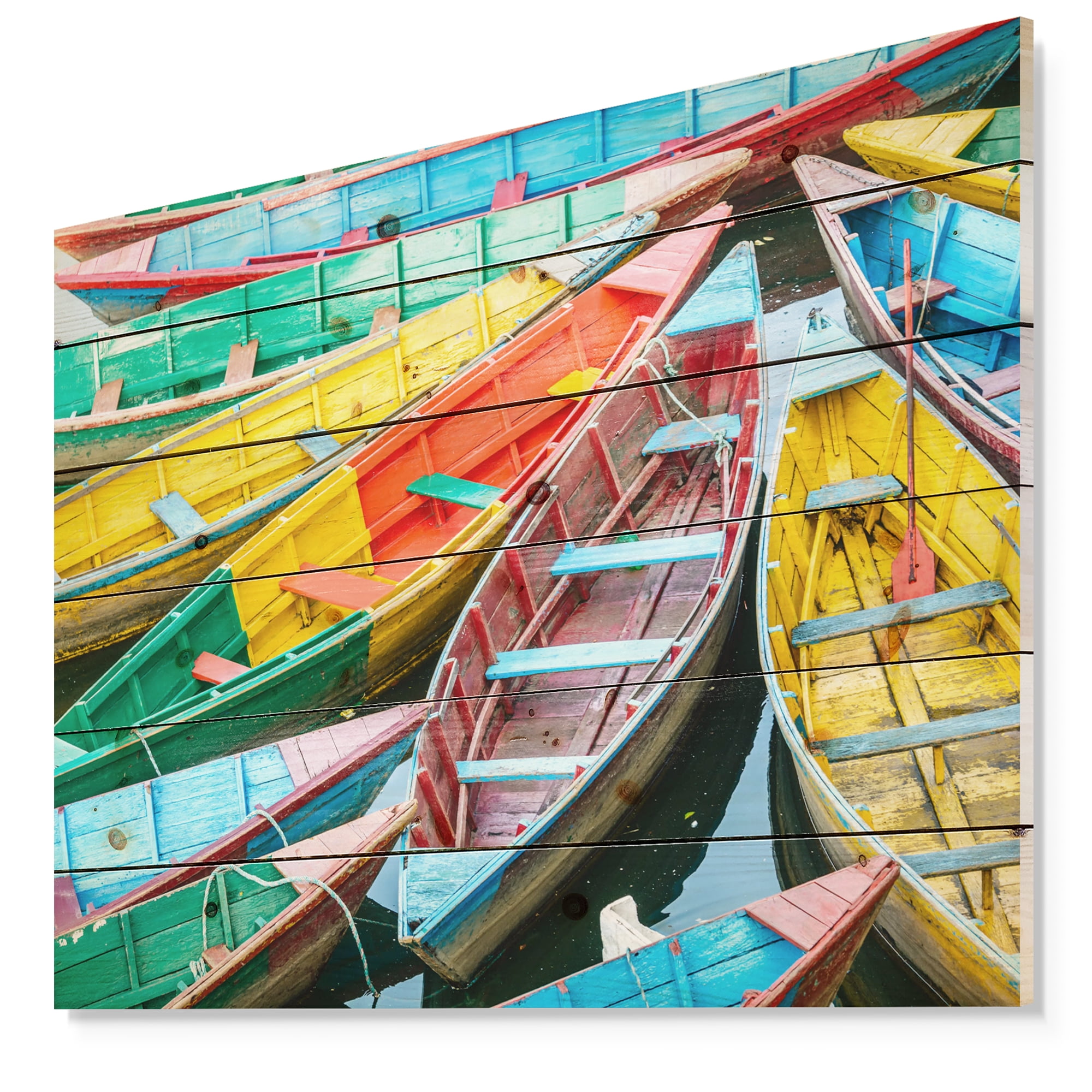 Designart 'Rowing Boats on the Lake in Pokhara' Boat Print on Natural Pine Wood