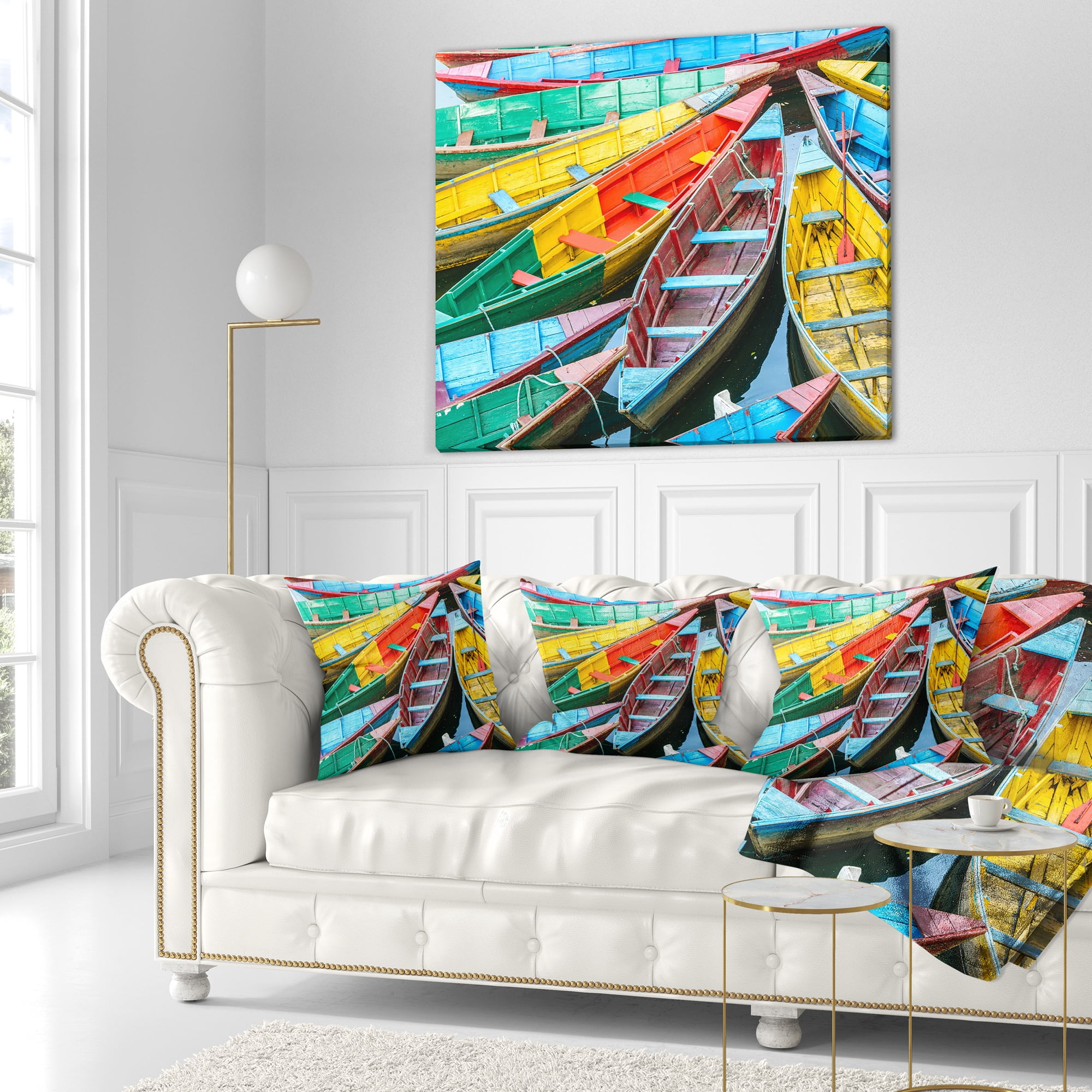 Designart Rowing Boats on the Lake in Pokhara - Boat Throw Pillow - 18x18