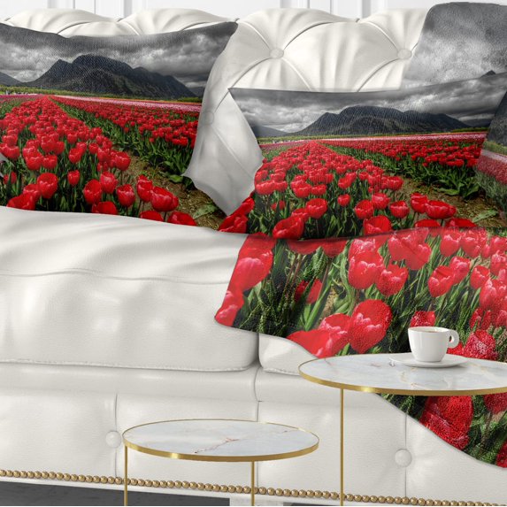 Designart Rows of Bright Ruby Red Tulips - Landscape Printed Throw Pillow - 12x20