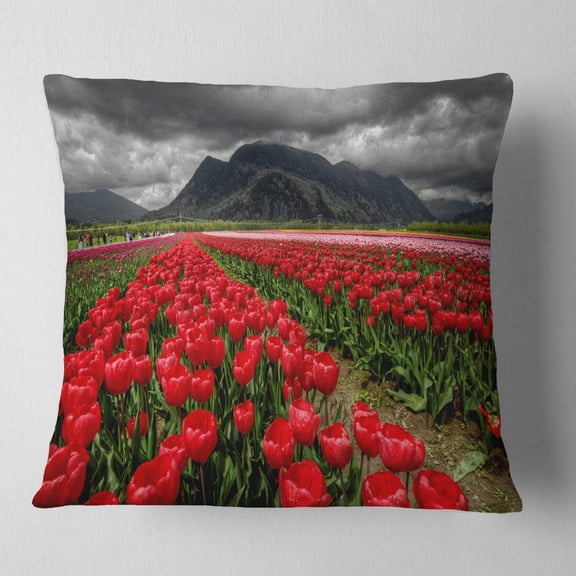 Designart Rows of Bright Ruby Red Tulips - Landscape Printed Throw Pillow - 16x16