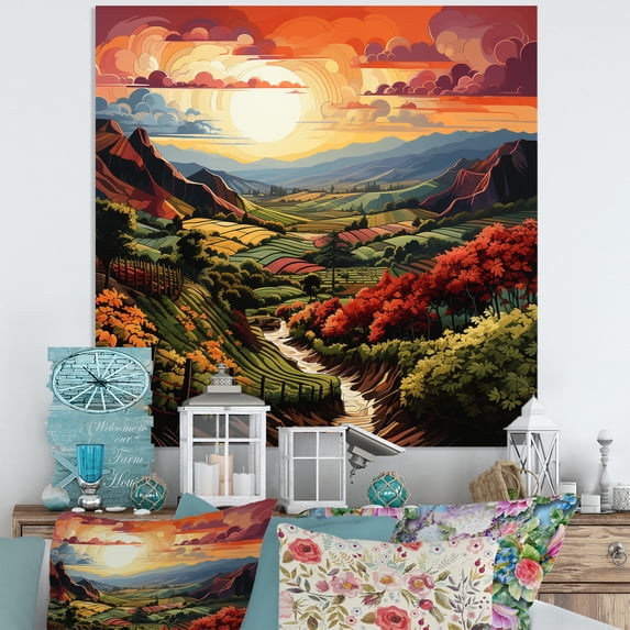 Designart "Rows of Ruby in Green and Orange Vineyard I" Farmhouse Metal Art Print