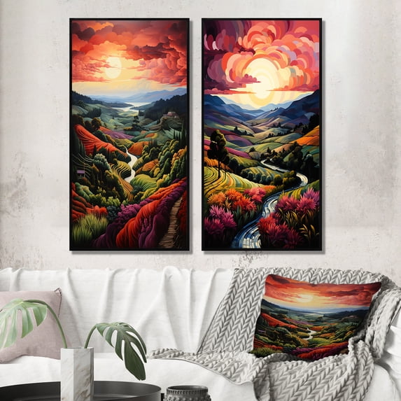Designart "Rows of Ruby in Green and Purple Vineyard III" Vineyard Framed Wall Art Set Of 2 - Red Landscapes Framed Wall Art Set Of 2