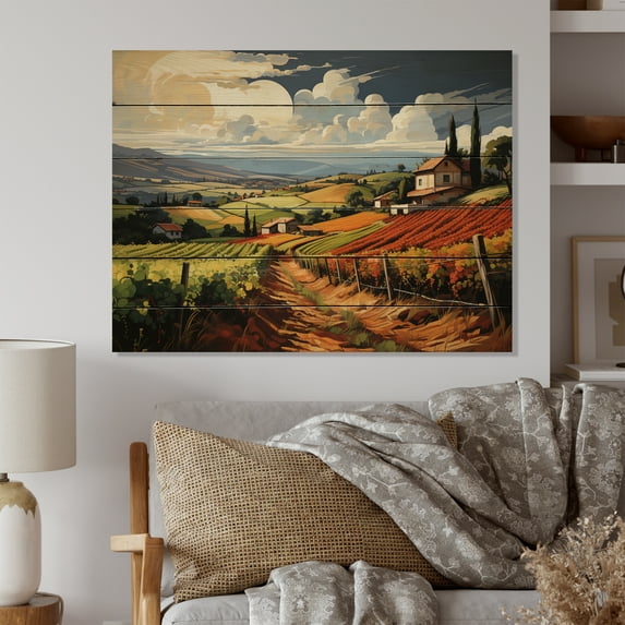 Designart "Rows of Ruby in the Vineyard Landscape" Farmhouse Print on Natural Pine Wood