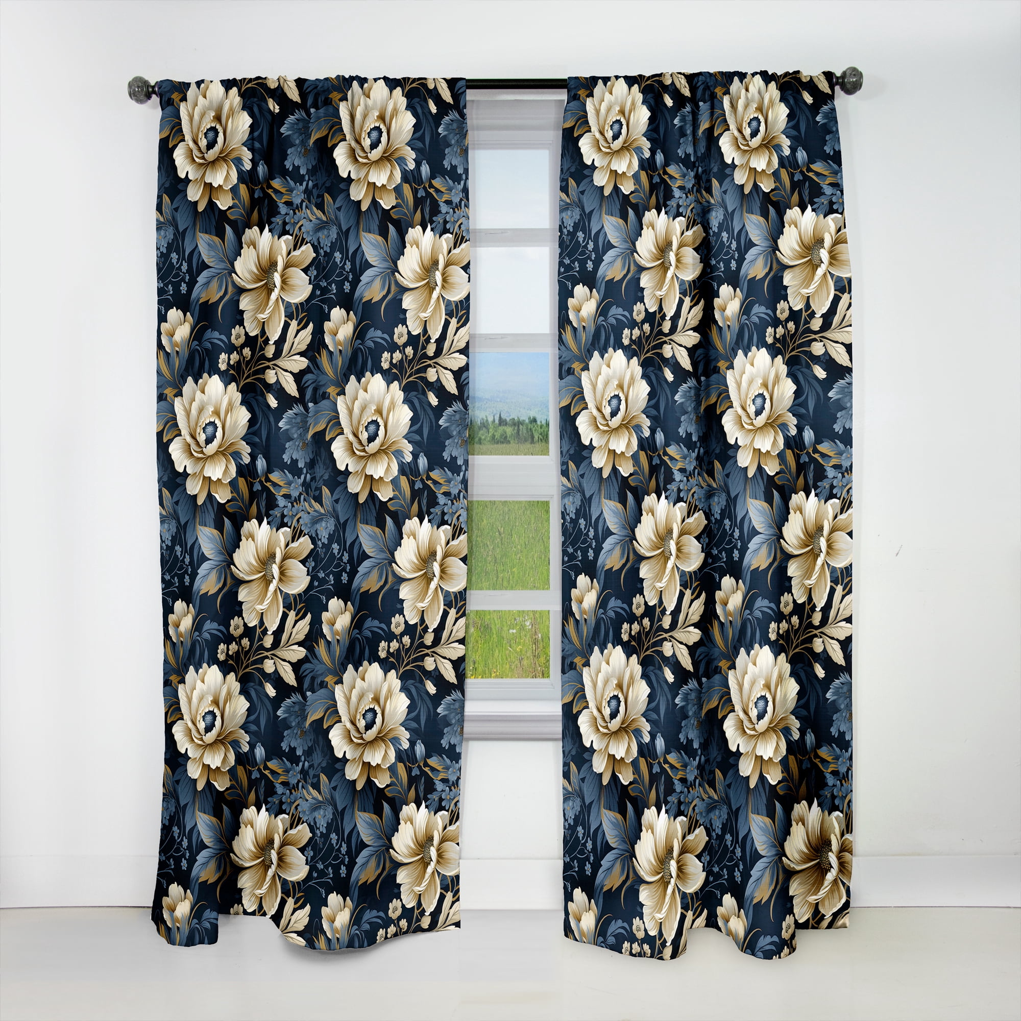 Designart "Royal Blue Peony Damask I" Floral Blackout Curtain Panels
