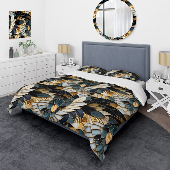 Designart "Royal Mosaic Of Blue And Gold" Marble Bedding Covert Set - Glam Bed Set With 2 Shams