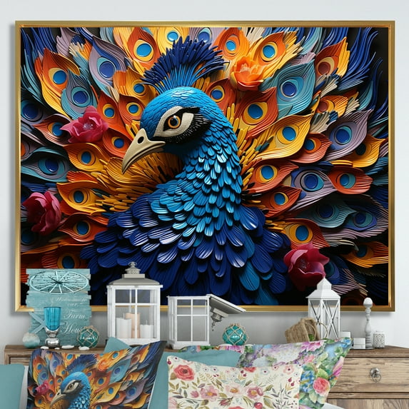 Designart "Royal Plumage Of A Majestic Peacock III" Animals Peacock Floater Framed Wall Art Living Room