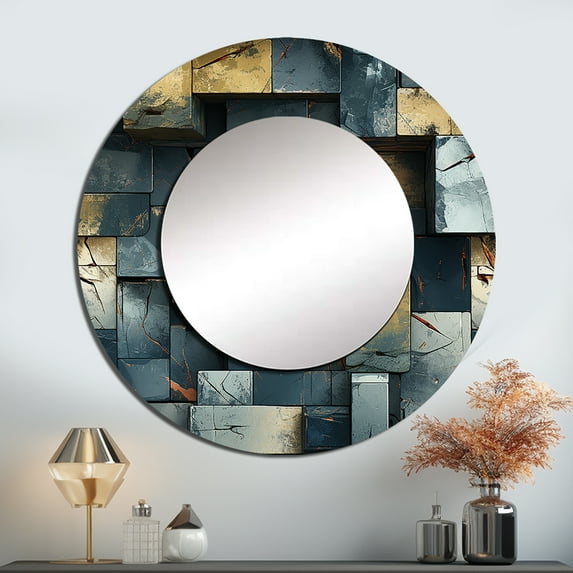 Designart "Rugged Concrete Illusion Art I" Brick Rund Mirror For Wall Decor - Large Grey Round Print Mirror - Round Modern Mirror - Wall Mounted Round Large Mirror - 23" x 23"