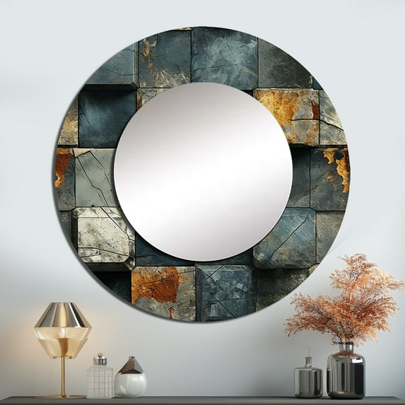 Designart "Rugged Concrete Illusion Art II" Striped Rund Mirror For Wall Decor - Large Grey Round Printed Mirror -Modern Round Living Room Mirror - 23" x 23"