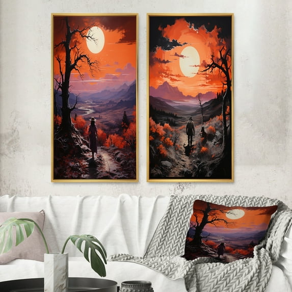 Designart "Rugged Sunset in the Western Landscape II" Western Framed Wall Art Set Of 2 - Purple People Framed Canvas Set For Living Room Decor