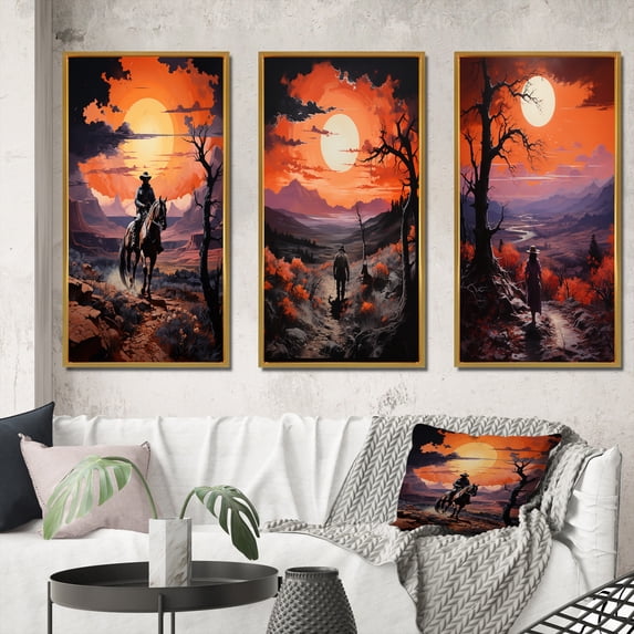 Designart "Rugged Western Cowboy" Western Framed Wall Art Set Of 3 - Yellow Western Frame Gallery Wall Set For Home Decor